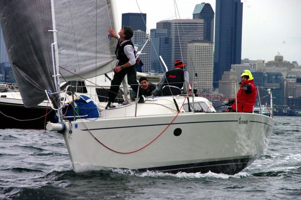 Terremoto in the 2013 Duwamish Head Race. Left to right:  Ken Monaghan, Steve Brockway, David Brink and Bill Weinstein by Jan Anderson.